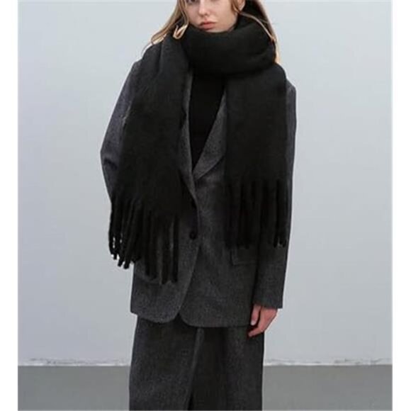 Women Cashmere Feel Scarf, Soft Warm Black - Picture 3 of 6